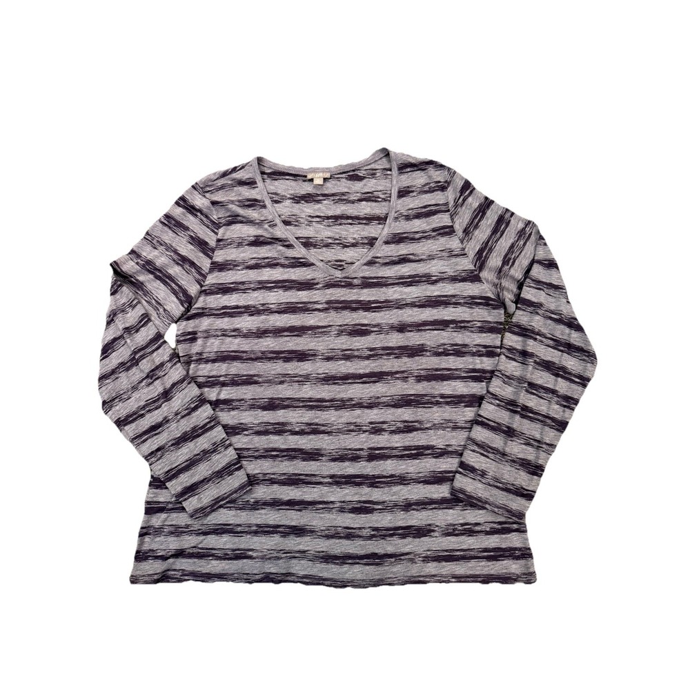 J. Jill M Long Sleeve Knit Top Tee Cotton Blend Purple Stripe V Neck, XL